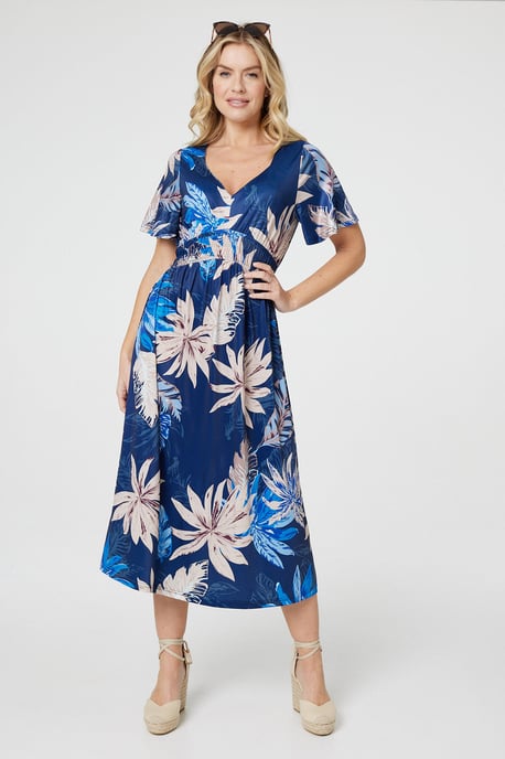 Blue Leaf Print Empire Waist Midi Dress