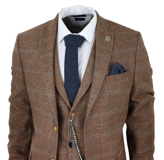 Herren 3-teiliger Wollanzug Eichenbraun Tweed Fischgrätenmuster Peaky Blinders Gatsby - Image 3