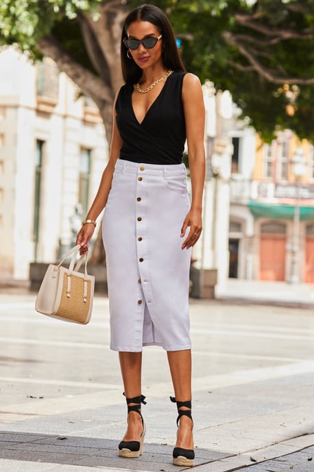 White Denim Gold Button Front Midi Skirt
