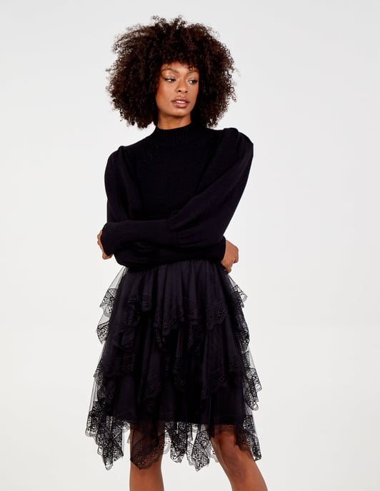 KATHERINE - High Neck Puff Sleeve Mesh Trim Jumper