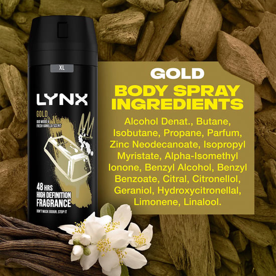 Lynx XL 48-H High Definition Fragrance Gold Body Spray Deodorant 3 Pack, 200ml - Image 2