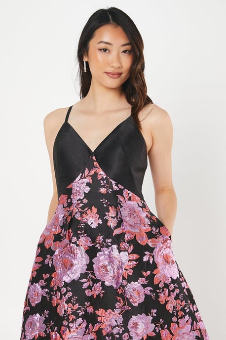 Twill Bodice Jacquard Skirt Midi Dress