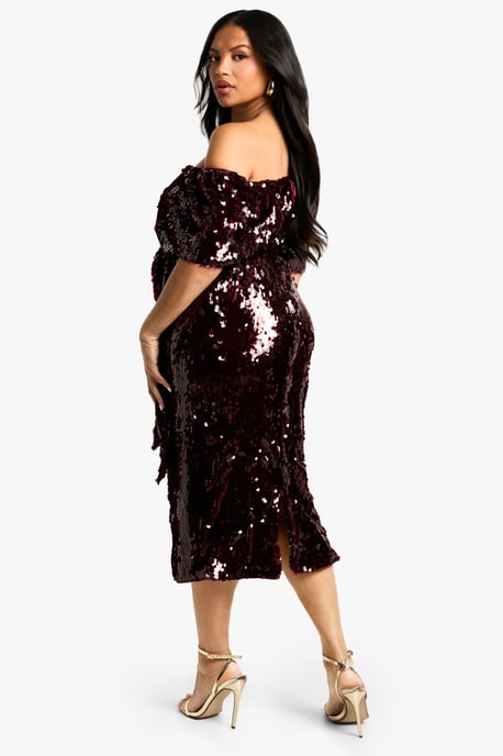 Plus Premium Sequin Off The Shoulder Midi Dress