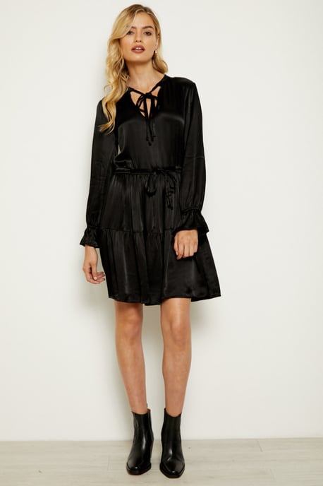 Black Drawstring Waist Tunic Dress