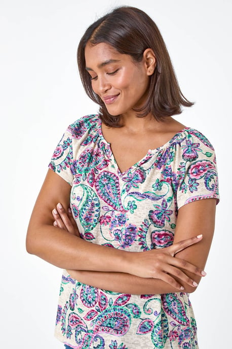 Paisley Print Burnout V-Neck Top