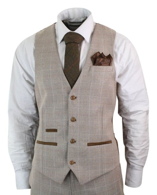 Herren 3-teiliges beiges Tweed-Karomuster Vintage Retro Anzug - Image 2
