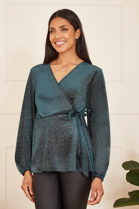 Green Sparkle Velvet Wrap Top With Long Sleeves