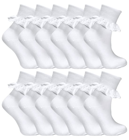 12 Paar Multipack White Frilly Lace Socken | 7 Größen | Sock Snob | Girls Cute Cotton Rich School Socken - Weiß - Image 1