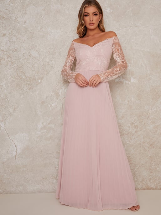 Curve Lace Bridesmaid Maxi Dress With Long Sleeves in Blush