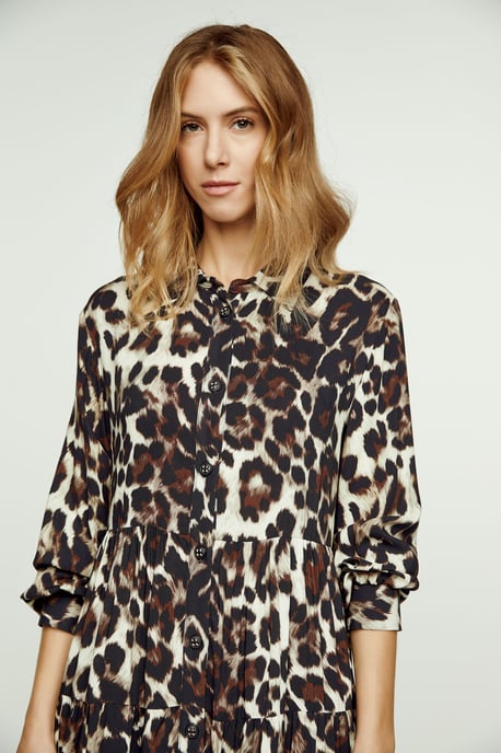 Animal Print Tiered Dress with Button Detail