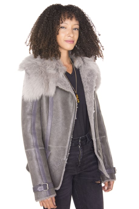 Womens Grey Toscana Shearling Flying Jacket-Teresina