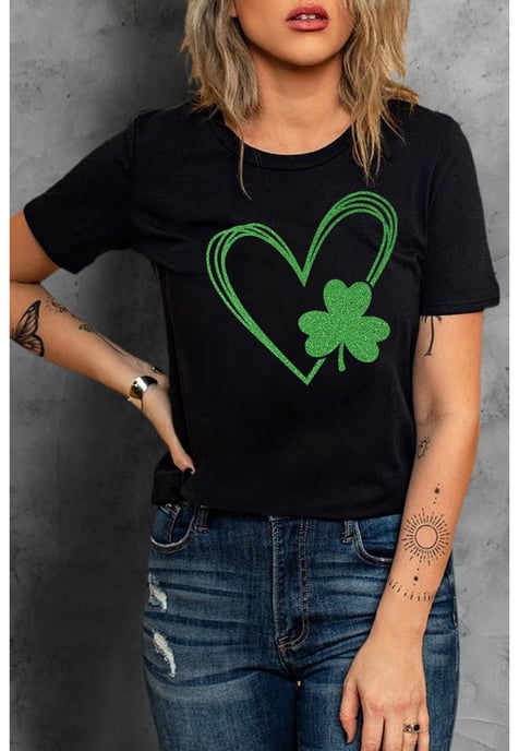 Damen-T-Shirt mit Herz-Print, kurzärmlig, in Schwarz - Image 1