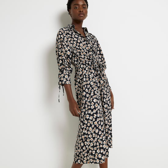 River Island Womens Midi Shirt Dress Black Floral
