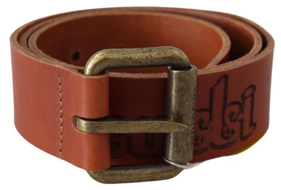 Just Cavalli Women's Brown Leather Logo Bronze Rustic Metal Buckle Belt