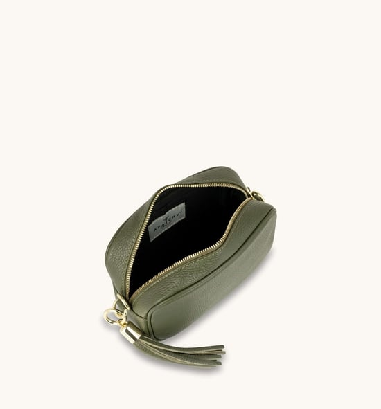 Olive Green Leather Crossbody Bag With Olive Green Arrow Strap