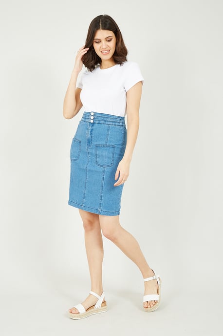 Yumi Blue Denim Patch Pocket Skirt