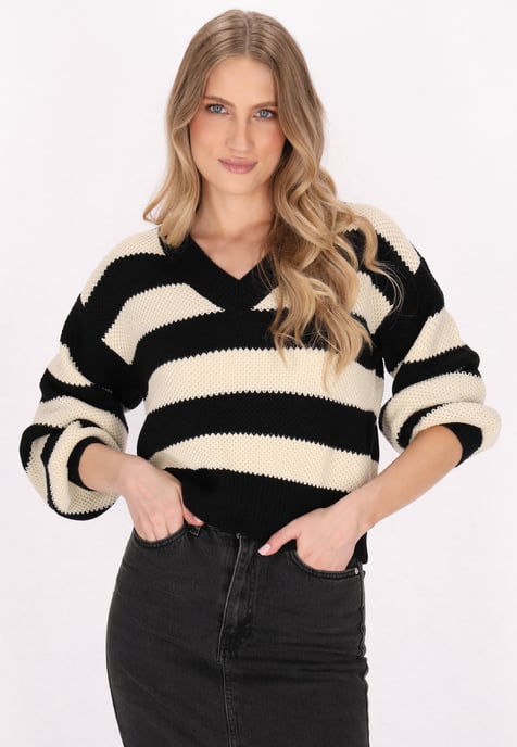 Dreimaster Pullover Damen Schwarz Creme Streifen - Image 3