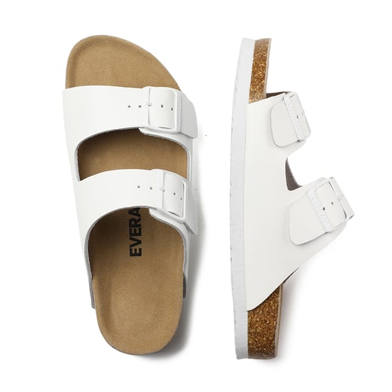 EVER AU Women Mallard Leather Twin Buckle Sandals - White Leather