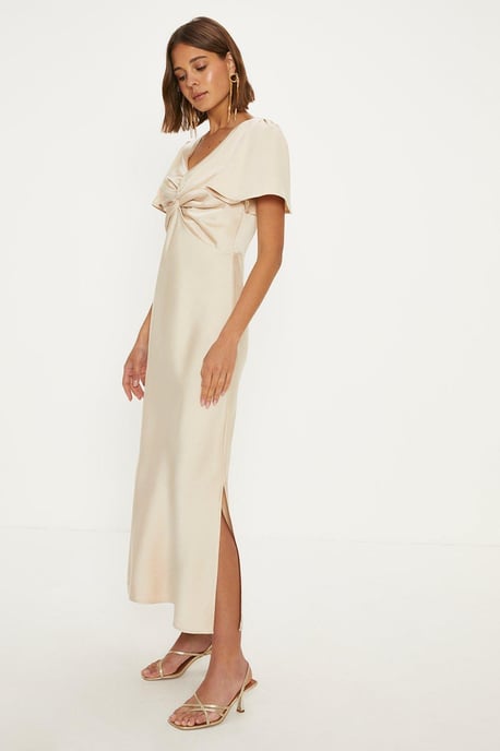 Satin Twist Front Angel Sleeve Midi Bridesmaids Dress - Image 1