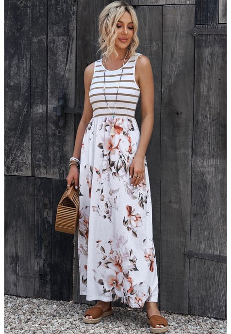 Damen-Maxikleid mit Blumendruck und Tasche in Weiß - Image 1
