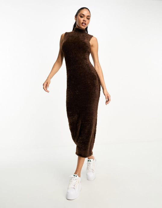 ASOS DESIGN knitted midi dress with grown on neck in fluffy yarn in chocolate-Brown
