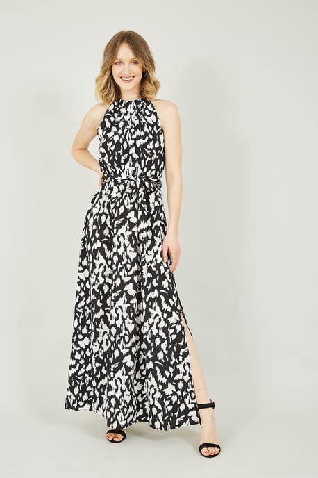 Mela Black Dash Printed Halter Neck Maxi Dress