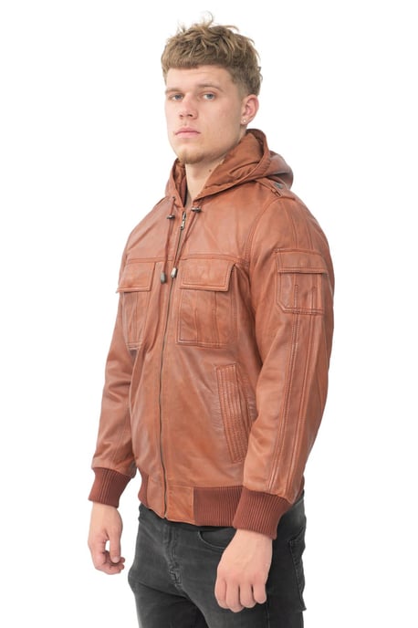 Mens Tan Leather Hooded Bomber Jacket - Tirana