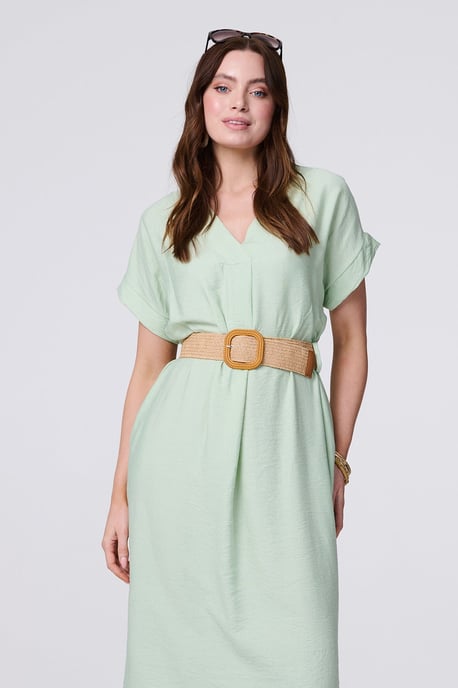 Green V-Neck Short Sleeve Belted Tunic Dress