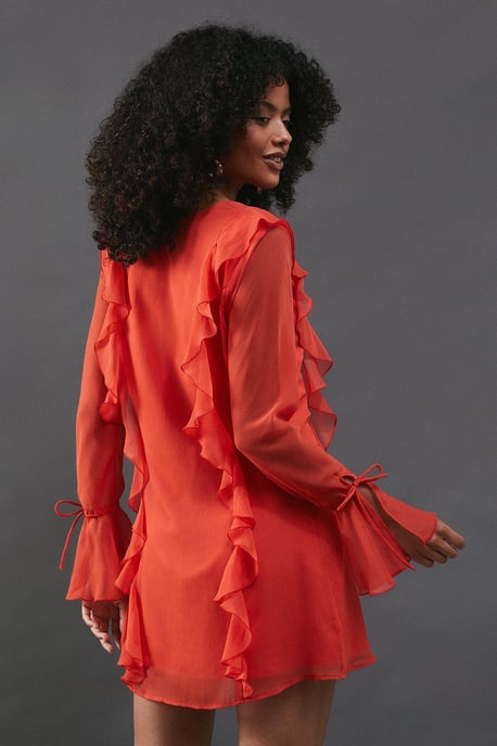 Chiffon Ruffle Detail Tie Sleeve Mini Dress - Image 3