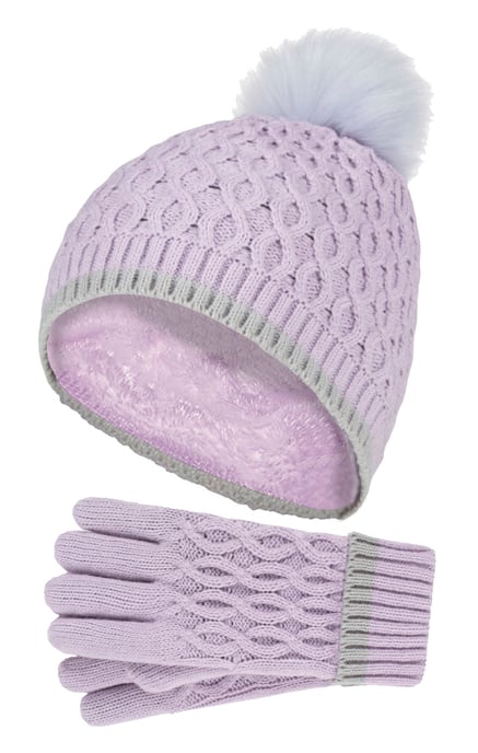 Wärmehalter - Thermoisolierte Pom Pom Bommelmütze und Handschuhe für Mädchen | bunte Pastellfarben - Lavendel Frost - Image 1
