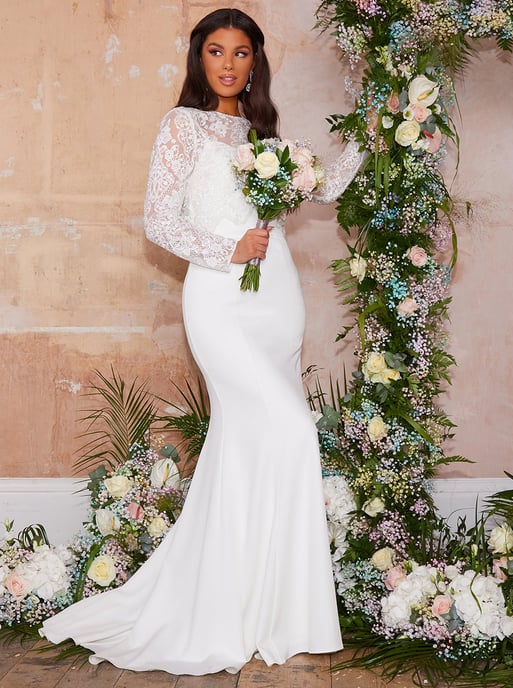 Lace Overlay Bodice Maxi Wedding Dress in White