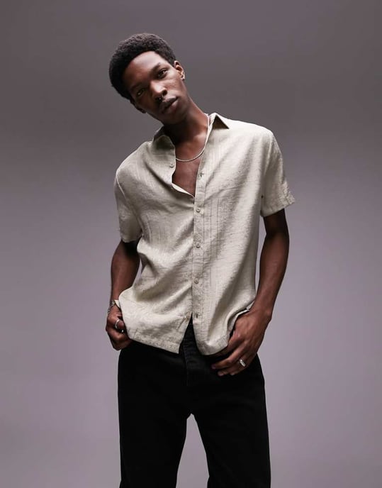 Topman short sleeve relaxed fit bandana jacquard shirt in stone-Neutral