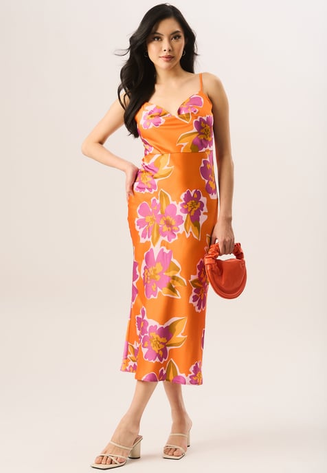 Floral Print Cowl Neck Slip Midi Dress