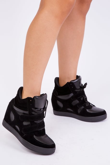Where's That From Womens Hitop Wedge Trainers With A Front Lace Up And Velcro - Black