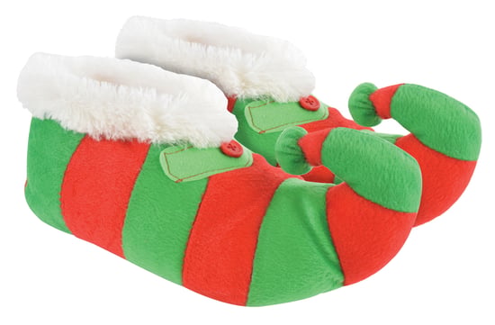 Neuheit Kinder Weihnachten Elf Hausschuhe | Funky Fleece Linied rot & grün gestreift Weihnachten Hausschuhe für Kinder - rot & grün - Image 1