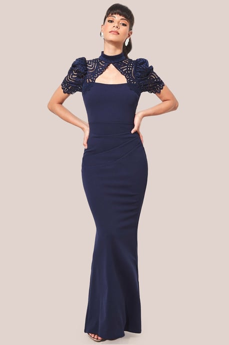 Open Back Puffed Lace Top Maxi Dress