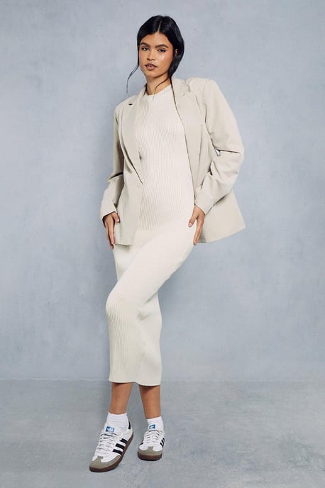 Knitted Ribbed Shoulder Pad Detail Maxi Dress