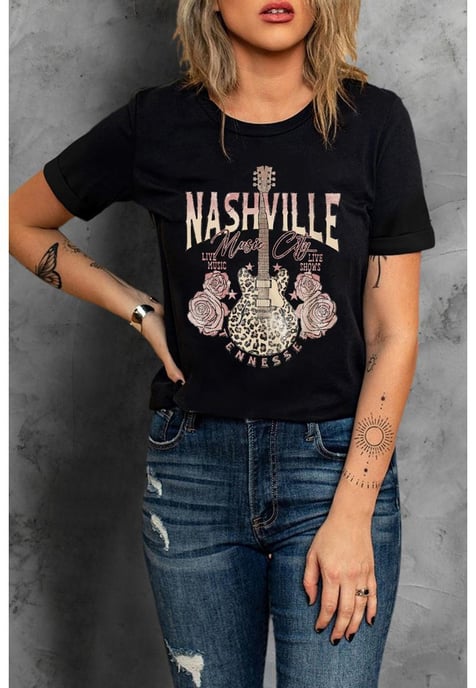 Damen-T-Shirt mit Leoparden-Gitarren- und Rosen-Print in Schwarz - Image 1