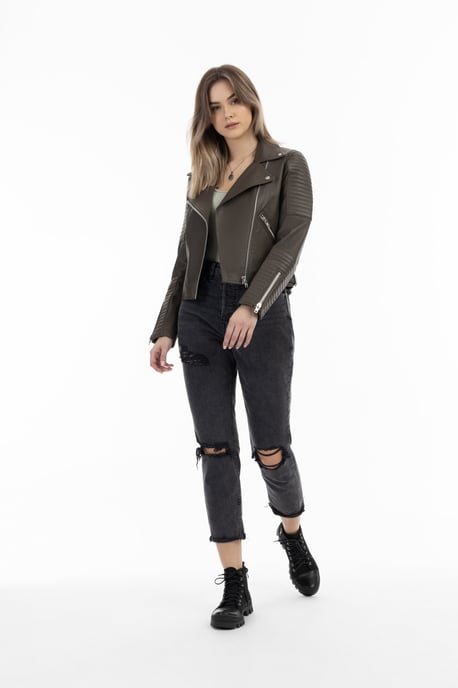 Dreimaster Bikerjacke aus Leder Damen Taupe - Image 1