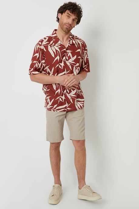 Terracotta 'Bamba' Revere Collar Leaf Print Short Sleeve Shirt