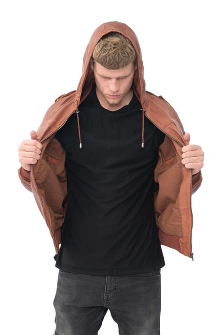 Mens Tan Leather Hooded Bomber Jacket - Tirana