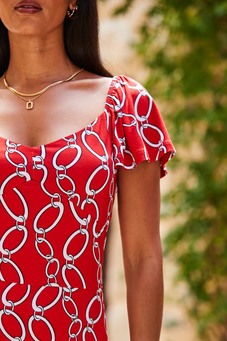 Red Chain Print Angel Sleeve Fit & Flare Midi Dress