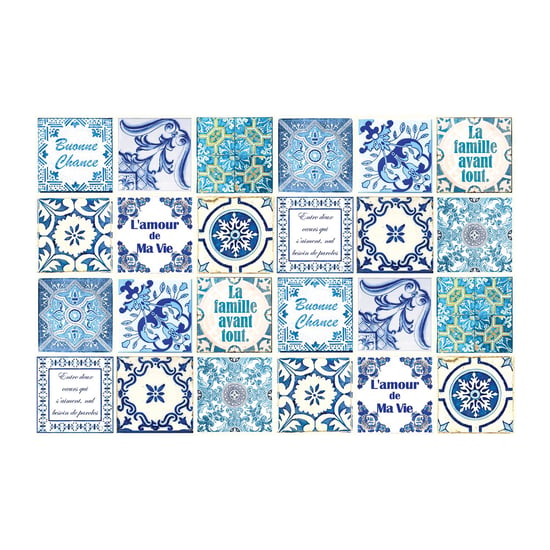 French Quote Classic Blue Tile Sticker - 15 cm x 15 cm - 24 pcs Tiles Wall Stickers, Kitchen, Bathroom, Living room