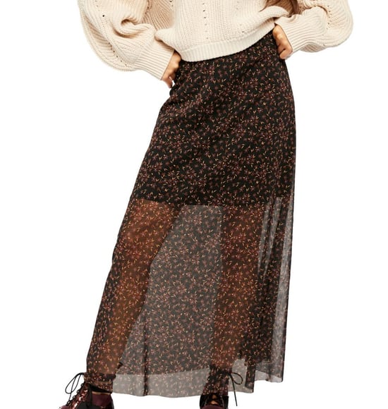 Free People Women's Skirt Black Slip On Printed Mesh Maxi