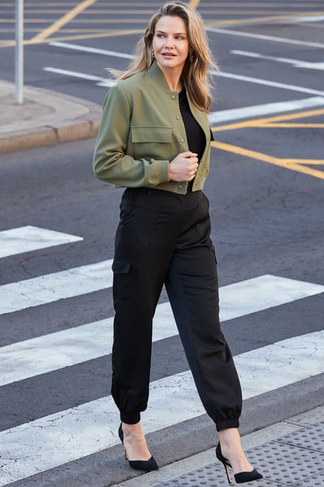 Black Satin Utility Trousers With Gold Buckle