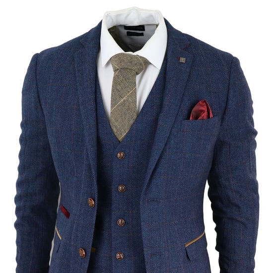 Herren Blaue Tweed-Karo 3-Teiliges Anzug - Image 3