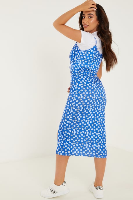 Petite Blue Floral Bodycon Midi Dress