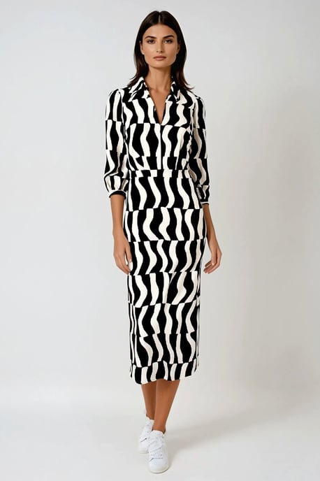 Monochrome Long Sleeve Midi Dress