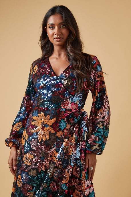 Occasion Floral Sequin Wrap Midi Dress