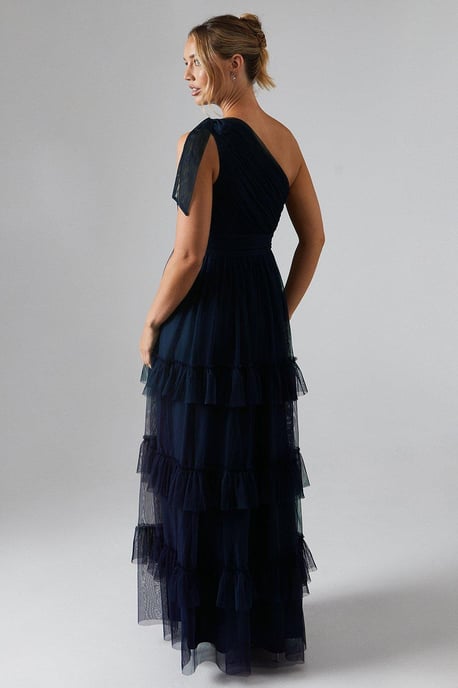 Pleated Mesh One Shoulder Tiered Bridesmaids Dress - Image 3